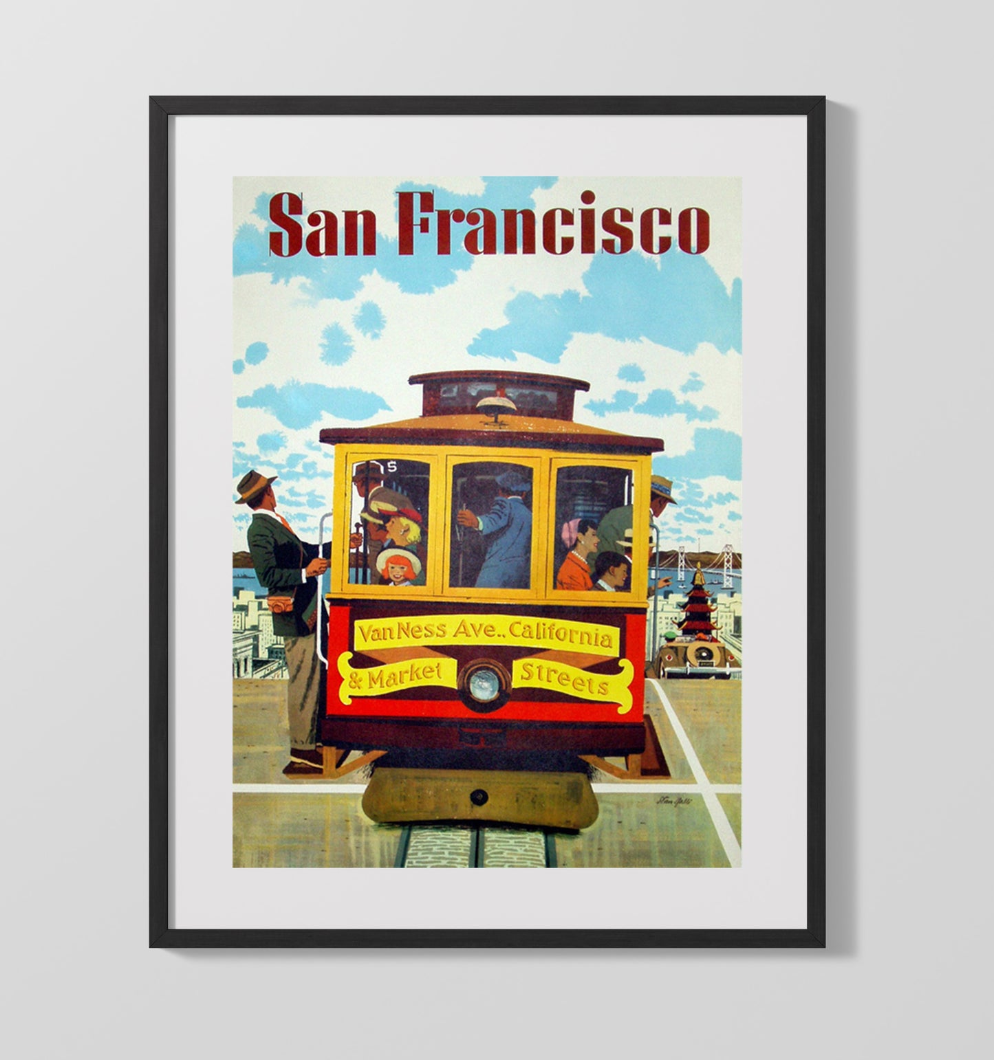 San Francisco Van Ness Trolley Car Vintage Travel Print 16x20 Gallery Frame travel wall art print