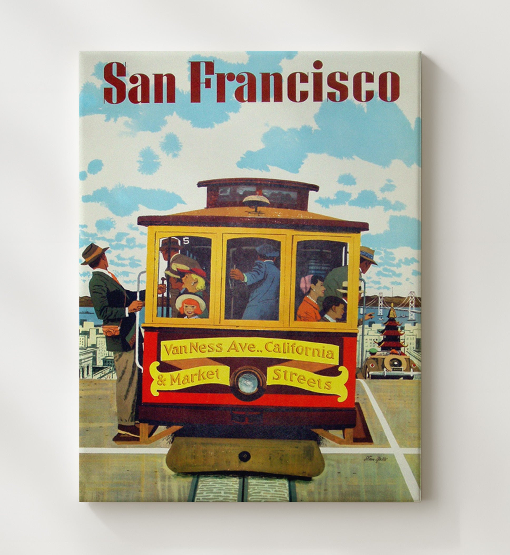 San Francisco Van Ness Trolley Car Vintage Travel Print 20x24 Canvas travel wall art print