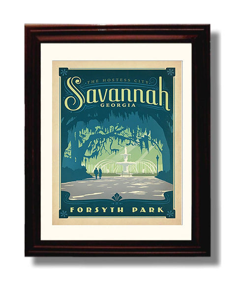 Savannah Forsyth Park Vintage Travel Print 8x10 Beveled Frame travel wall art print