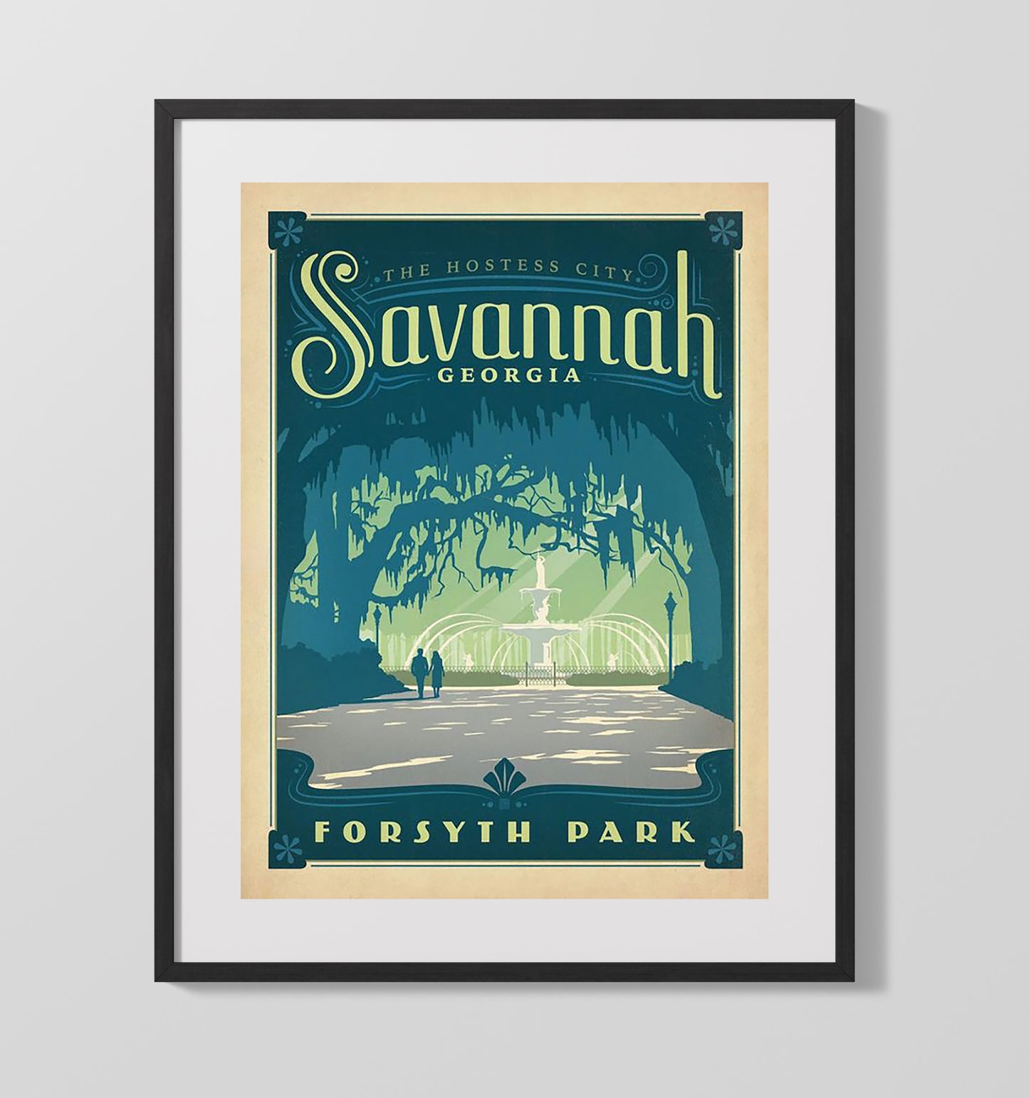 Savannah Forsyth Park Vintage Travel Print 16x20 Gallery Frame travel wall art print