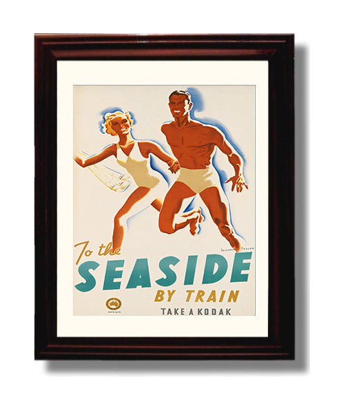 Seaside By Train Kodak Vintage Travel Print 8x10 Beveled Frame travel wall art print