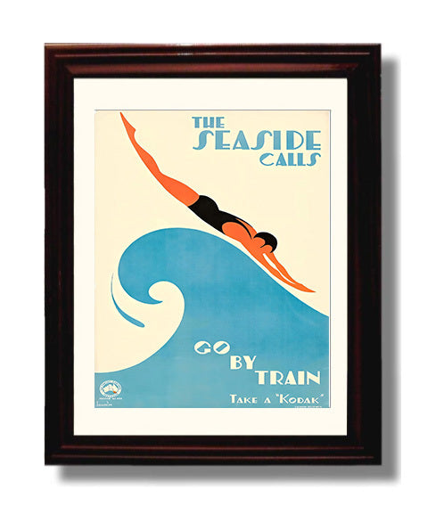 Seaside Go By Train Vintage Travel Print 8x10 Beveled Frame travel wall art print