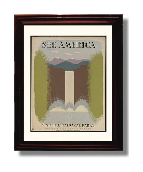 See America Visit the National Parks Vintage Travel Print 8x10 Beveled Frame travel wall art print
