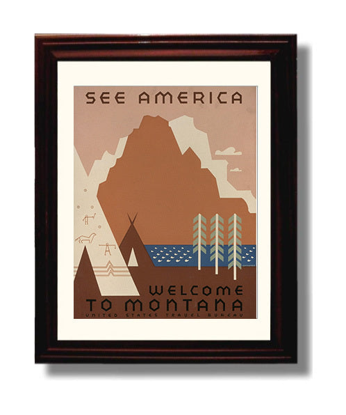 See America Welcome to Montana Vintage Travel Print 8x10 Beveled Frame travel wall art print