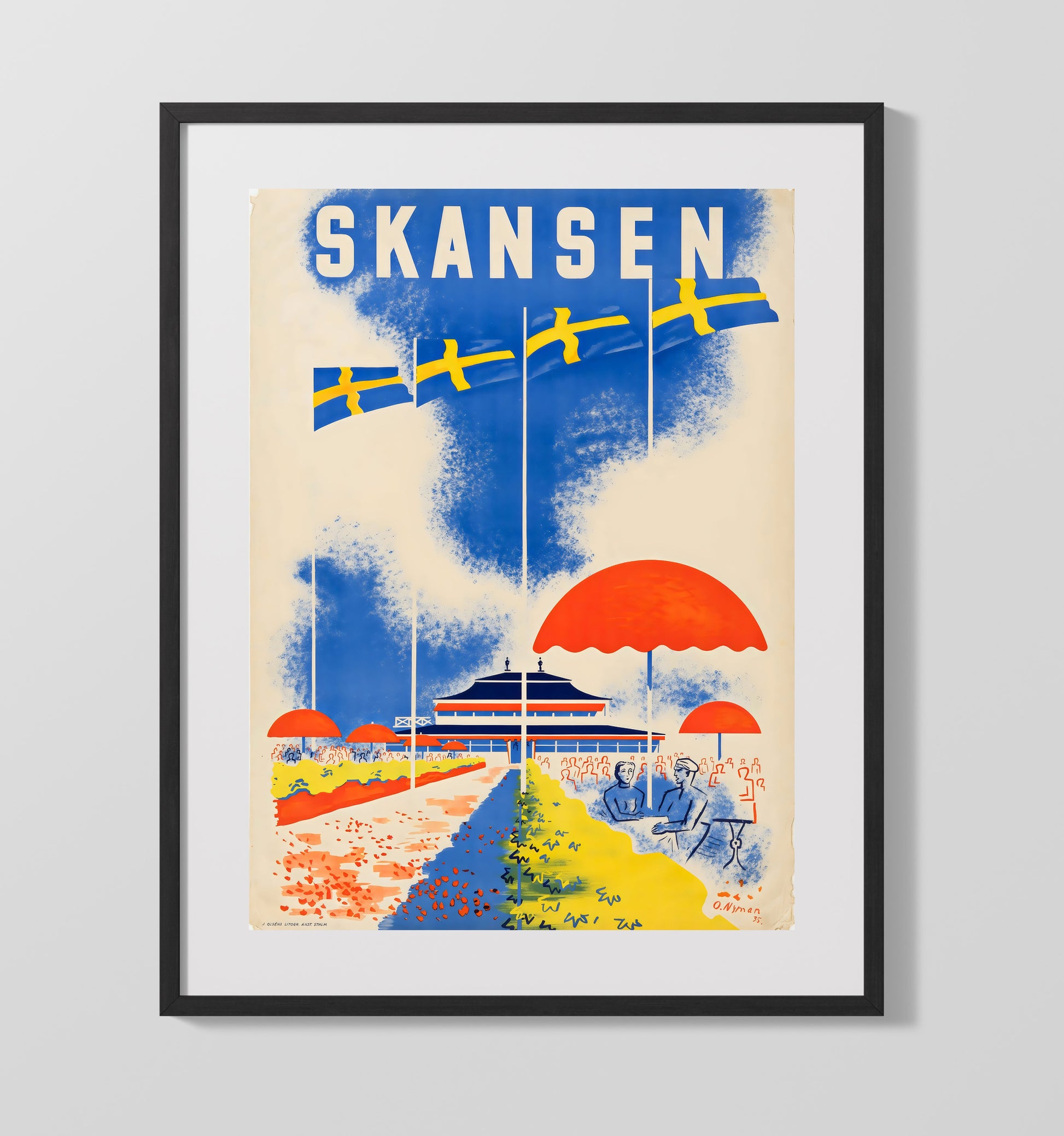 Skansen Sweden Vintage Travel Print 16x20 Gallery Frame travel wall art print