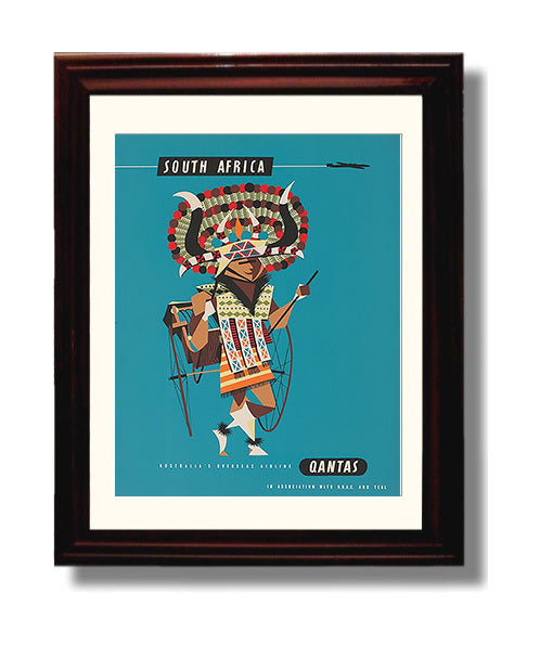 South Africa Qantas Vintage Travel Print 8x10 Beveled Frame travel wall art print