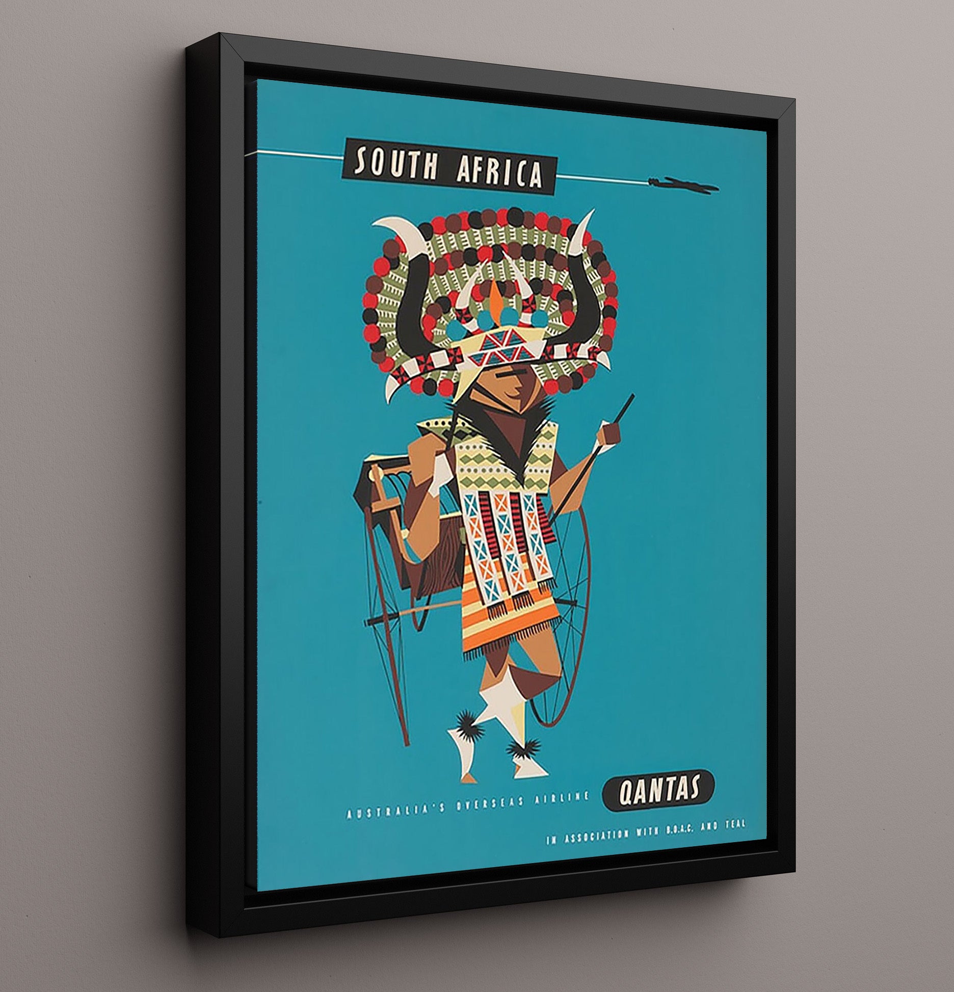 South Africa Qantas Vintage Travel Print 16x20 Framed Canvas travel wall art print