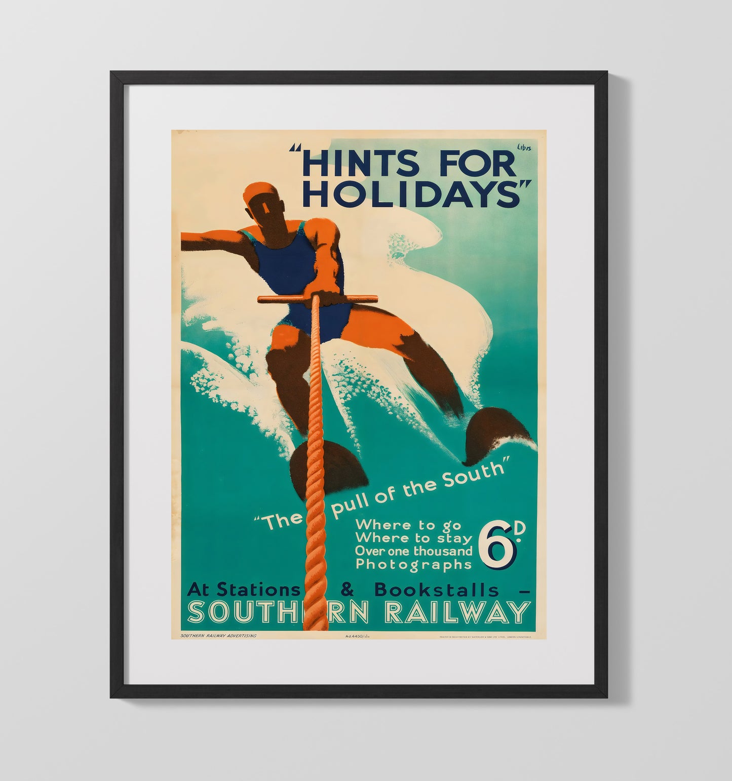 Southern Railway Holiday Water Ski Vintage Travel Print 16x20 Gallery Frame travel wall art print