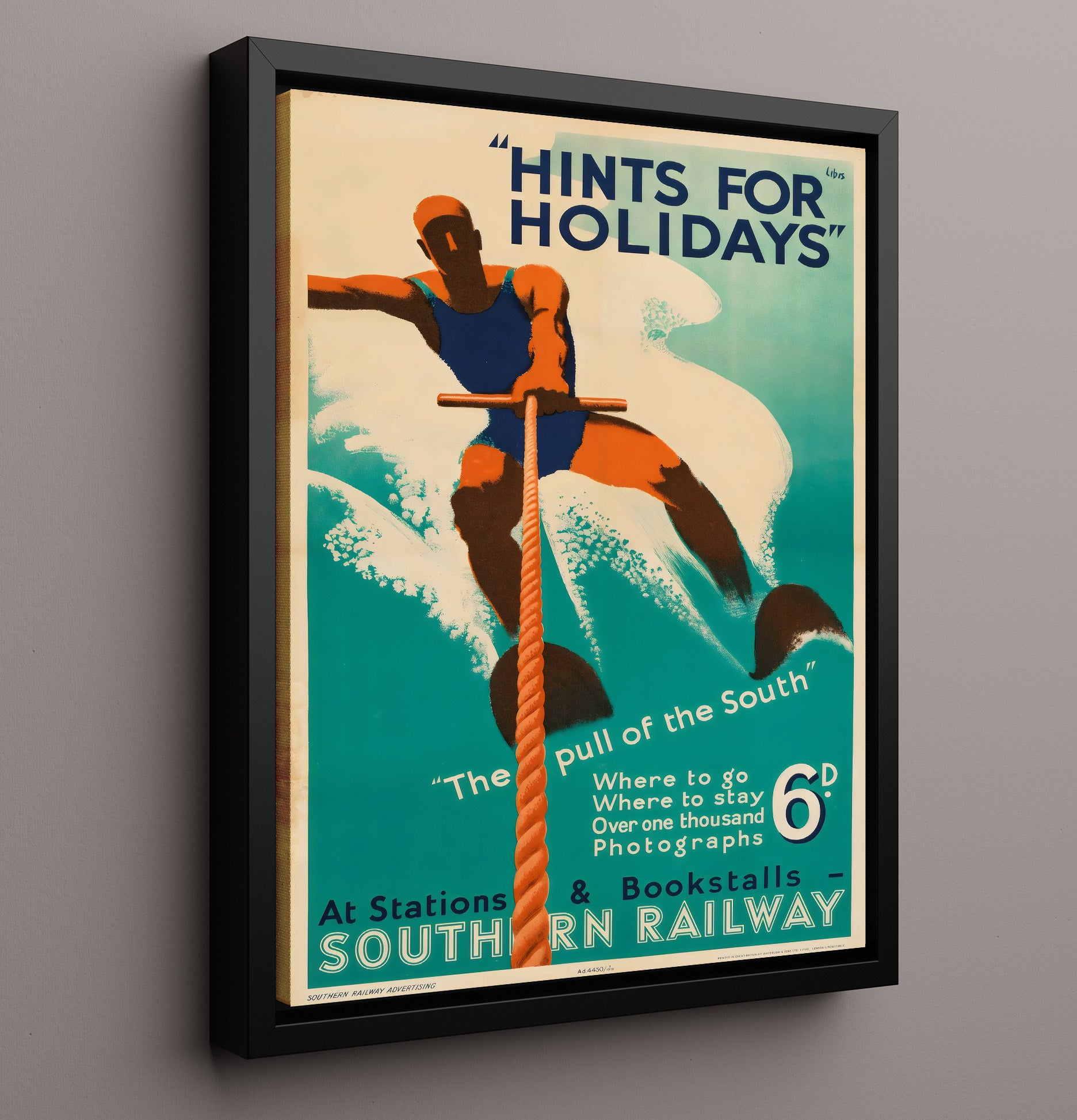 Southern Railway Holiday Water Ski Vintage Travel Print 16x20 Framed Canvas travel wall art print