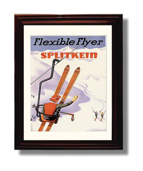 Splitkein Flexible Flyer Skiing Vintage Travel Print 8x10 Beveled Frame travel wall art print