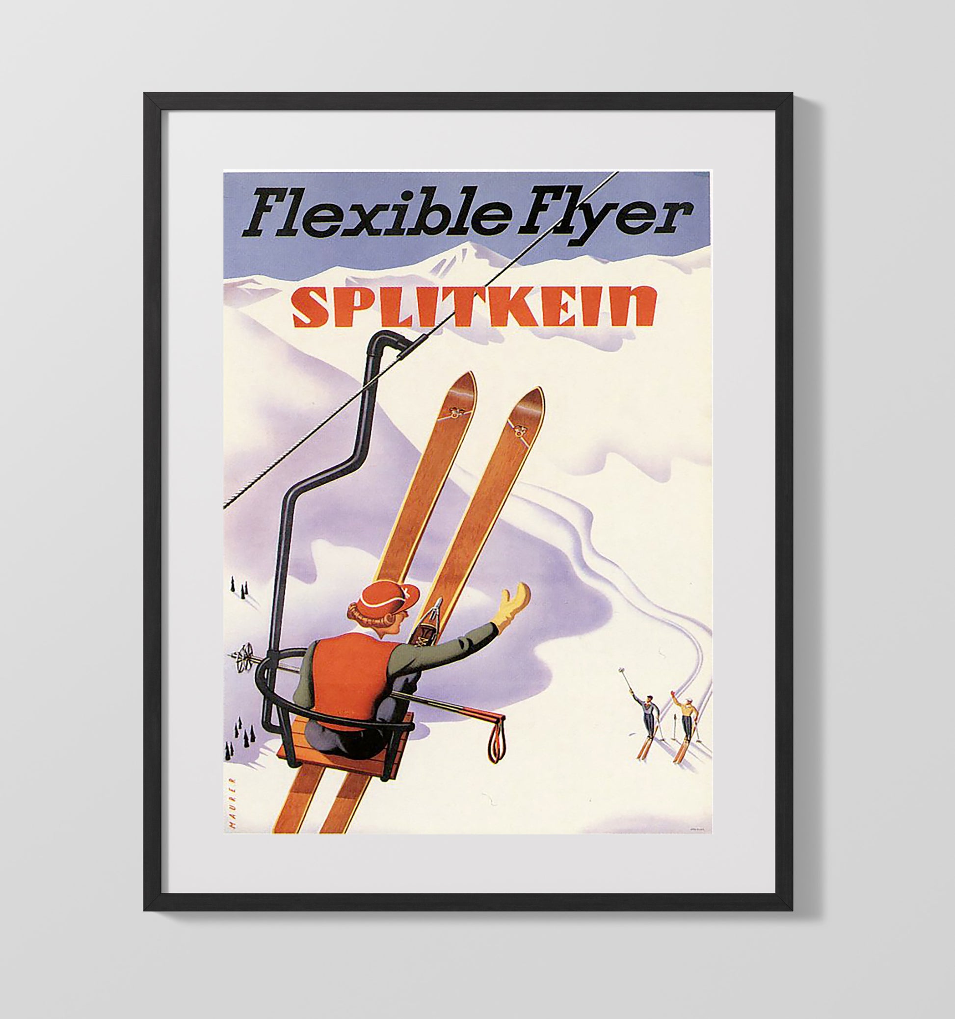 Splitkein Flexible Flyer Skiing Vintage Travel Print 16x20 Gallery Frame travel wall art print