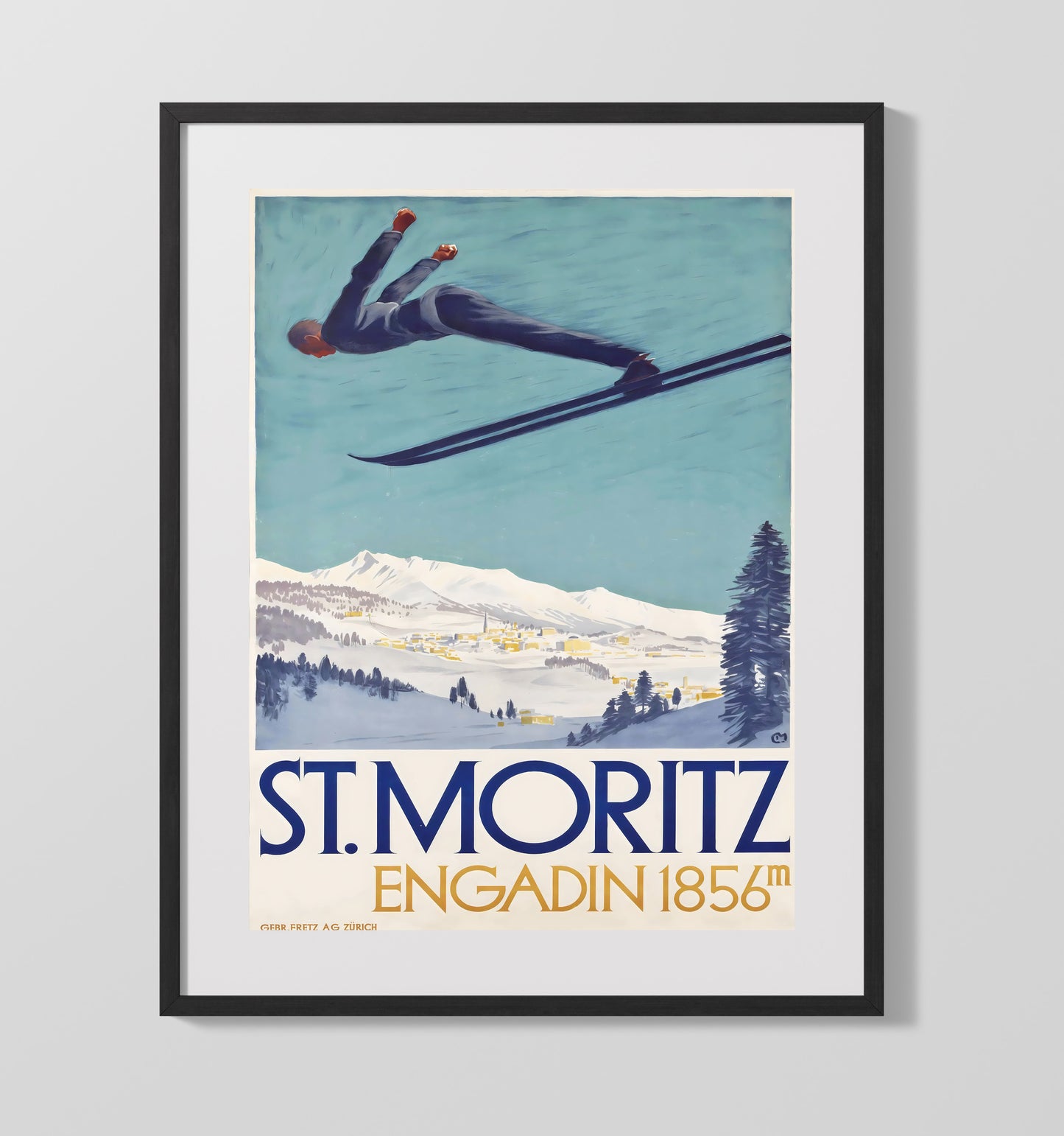 St Moritz Engadin Ski Jump Vintage Travel Print 16x20 Gallery Frame travel wall art print
