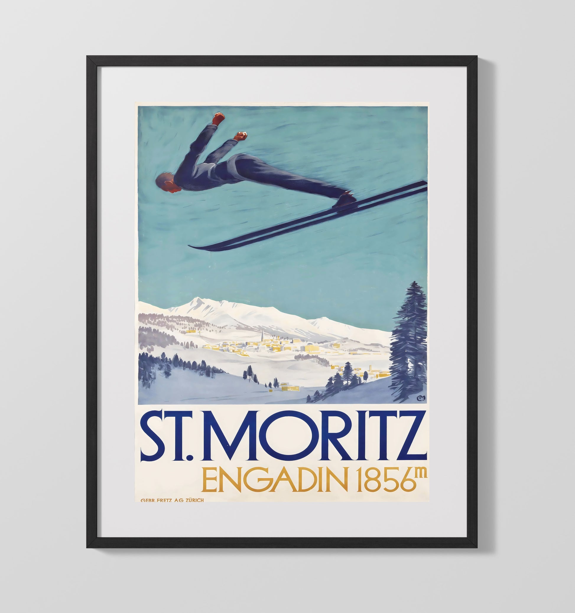 St Moritz Engadin Ski Jump Vintage Travel Print 16x20 Gallery Frame travel wall art print
