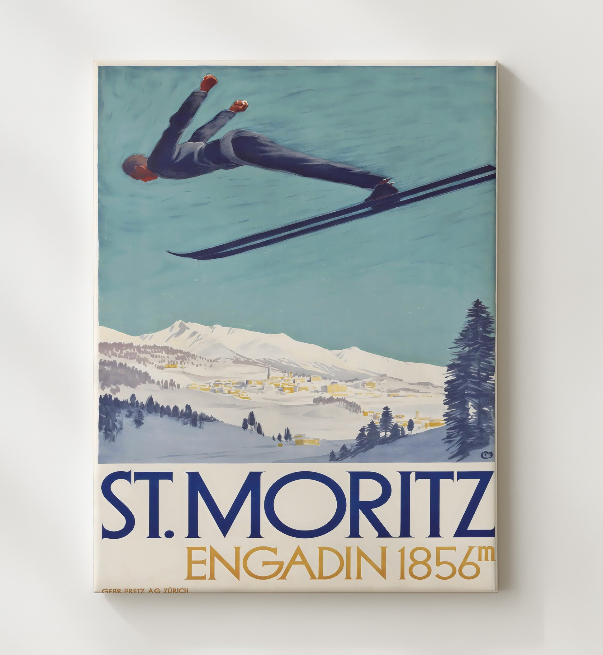 St Moritz Engadin Ski Jump Vintage Travel Print 20x24 Canvas travel wall art print