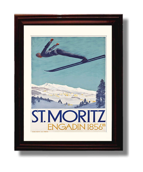 St Moritz Engadin Ski Jump Vintage Travel Print 8x10 Beveled Frame travel wall art print