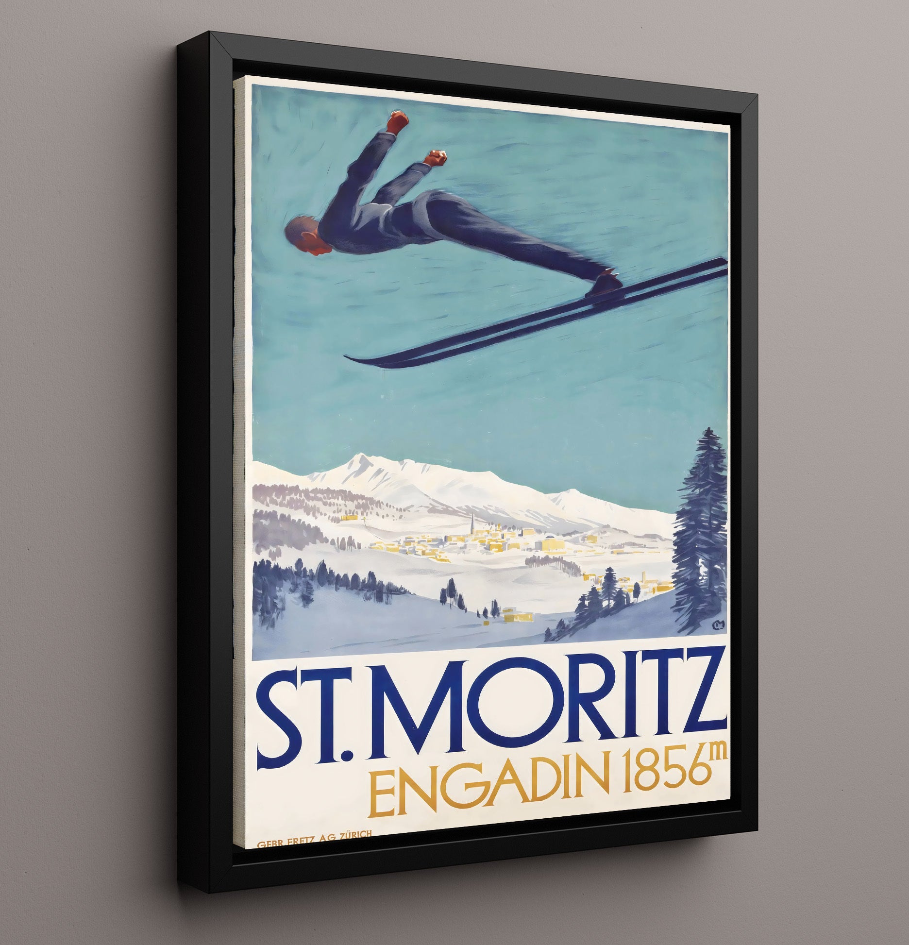 St Moritz Engadin Ski Jump Vintage Travel Print 16x20 Framed Canvas travel wall art print