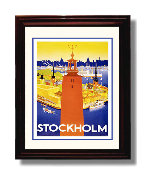 Stockholm City Hall Skyline Vintage Travel Print 8x10 Beveled Frame travel wall art print