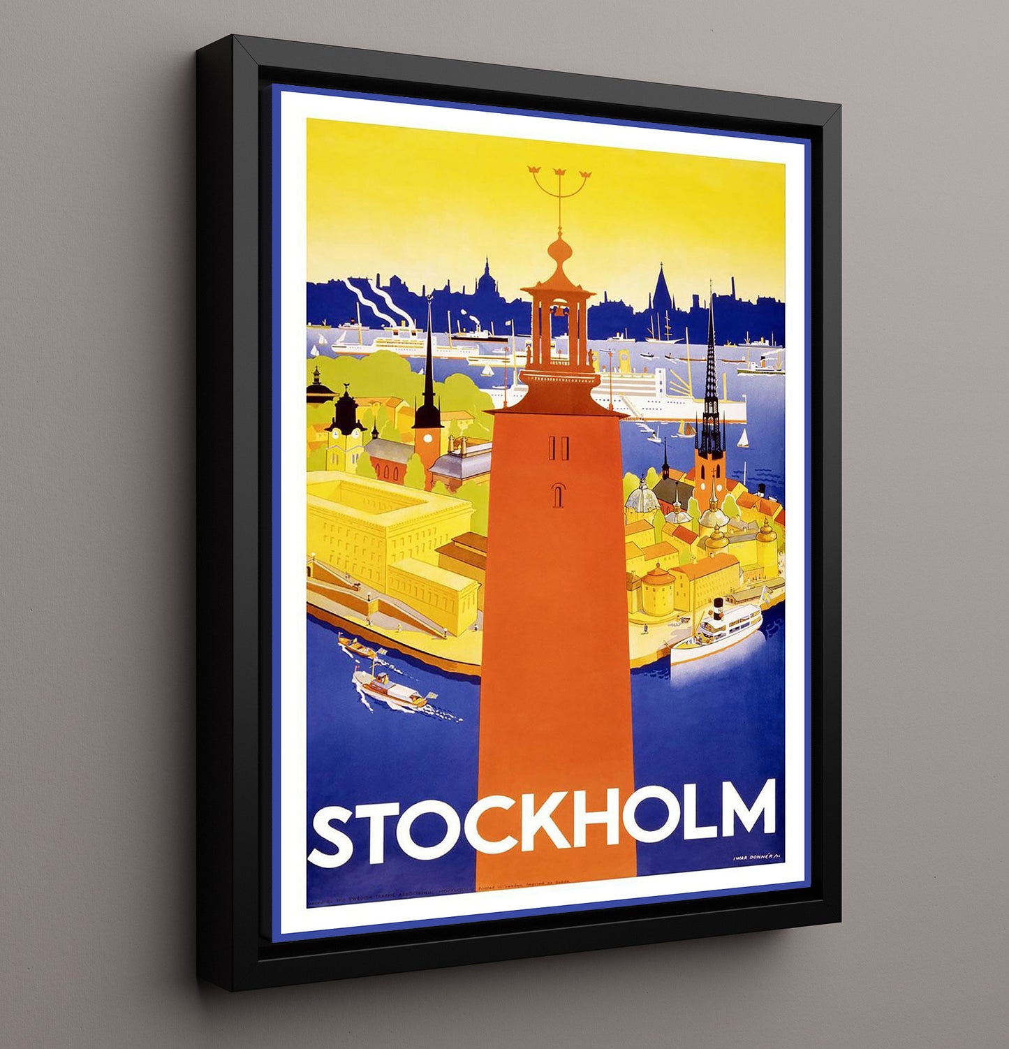 Stockholm City Hall Skyline Vintage Travel Print 16x20 Framed Canvas travel wall art print