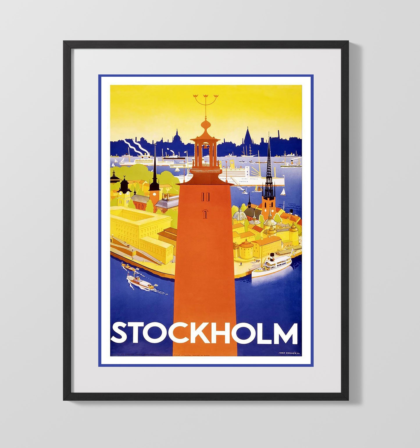 Stockholm City Hall Skyline Vintage Travel Print 16x20 Gallery Frame travel wall art print