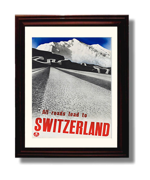 Switzerland Alpine Roads Vintage Travel Print 8x10 Beveled Frame travel wall art print