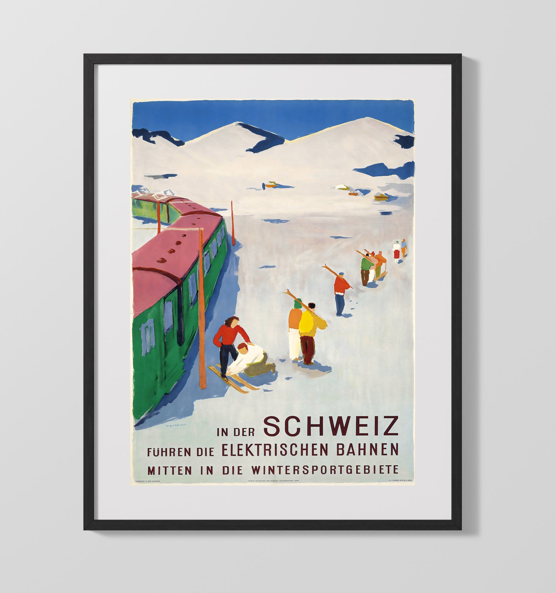 Switzerland Electric Winter Railway Vintage Travel Print 16x20 Gallery Frame travel wall art print