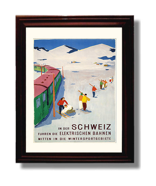 Switzerland Electric Winter Railway Vintage Travel Print 8x10 Beveled Frame travel wall art print