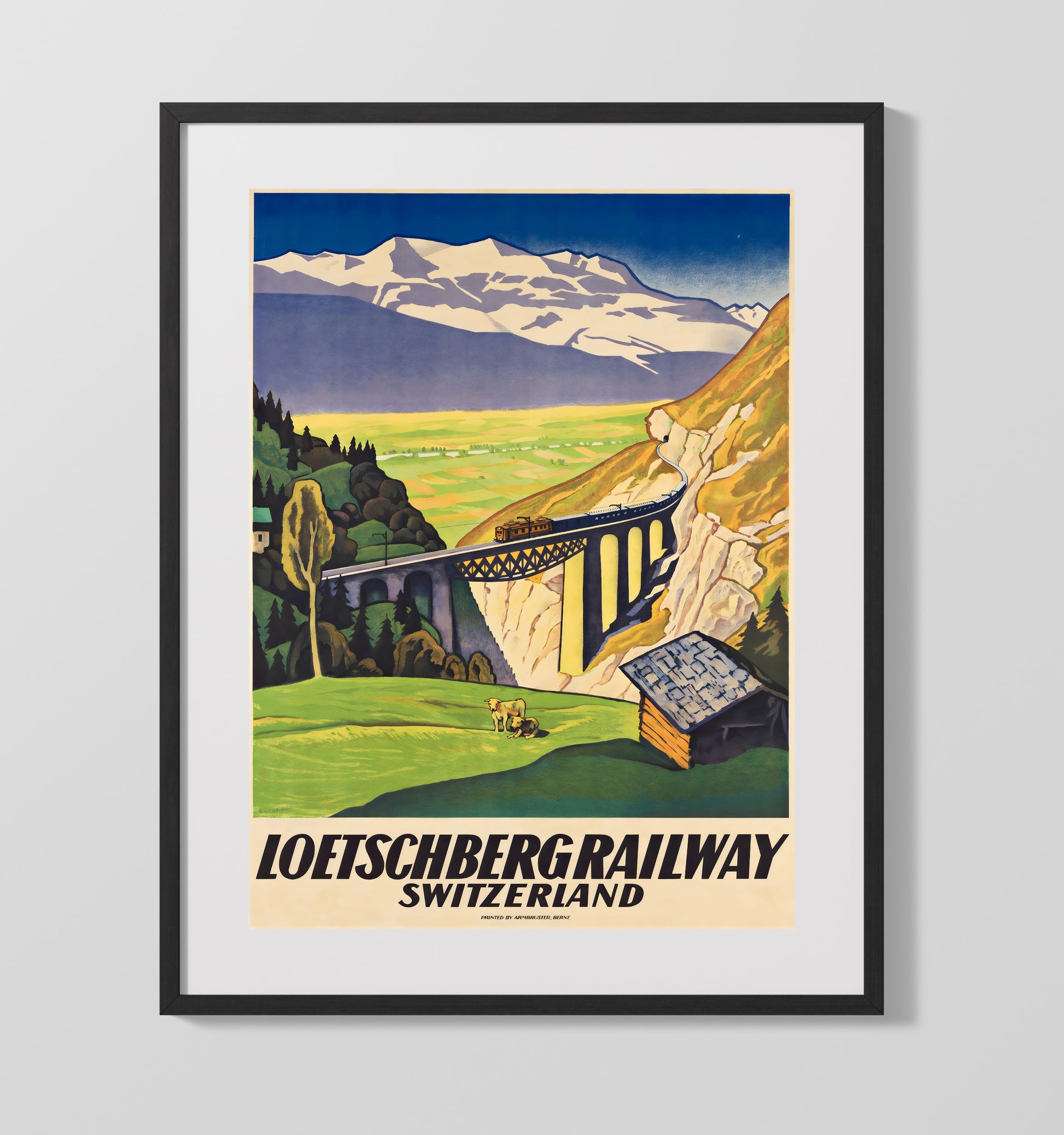 Switzerland Loetschberg Railway Vintage Travel Print 16x20 Gallery Frame travel wall art print