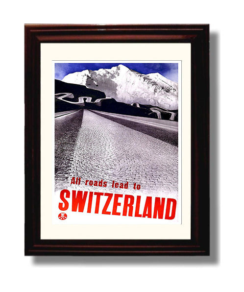 Switzerland Mountain Roads Vintage Travel Print 8x10 Beveled Frame travel wall art print