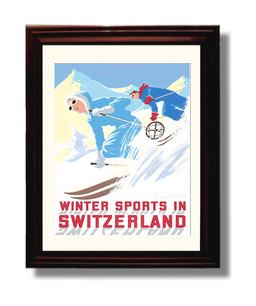 Switzerland Winter Sports Vintage Travel Print 8x10 Beveled Frame travel wall art print