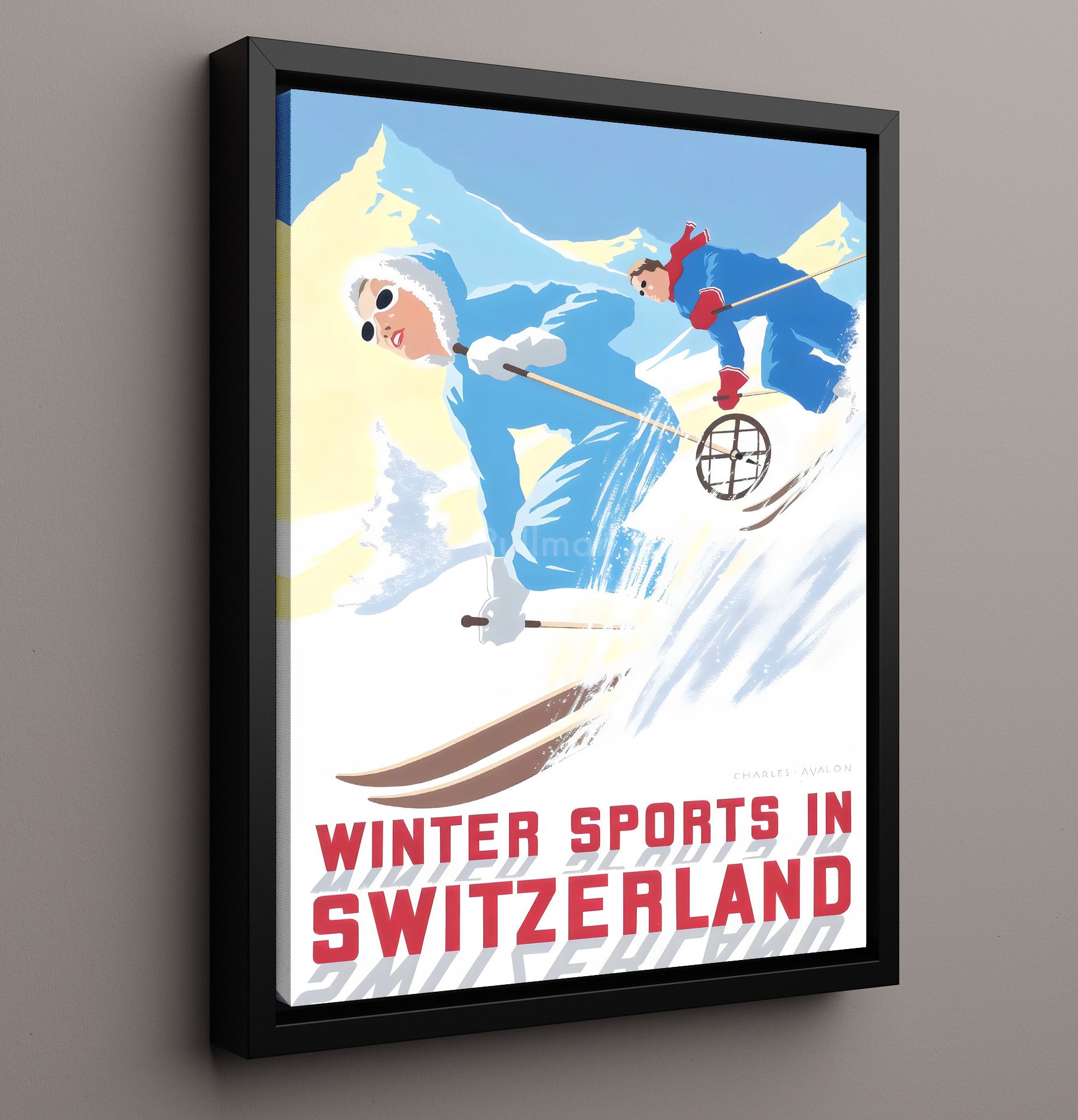 Switzerland Winter Sports Vintage Travel Print 16x20 Framed Canvas travel wall art print