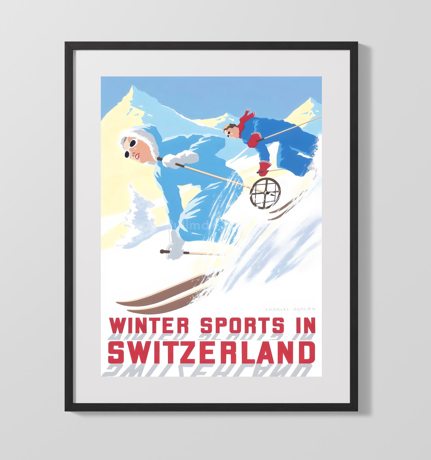 Switzerland Winter Sports Vintage Travel Print 16x20 Gallery Frame travel wall art print