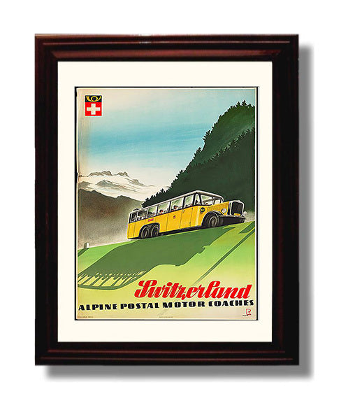Switzerland Yellow Alpine PostBus Vintage Travel Print 8x10 Beveled Frame travel wall art print