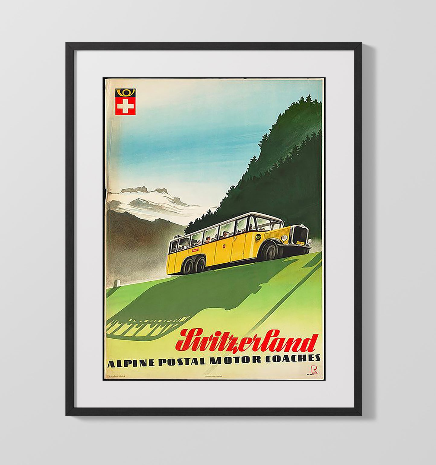 Switzerland Yellow Alpine PostBus Vintage Travel Print 16x20 Gallery Frame travel wall art print