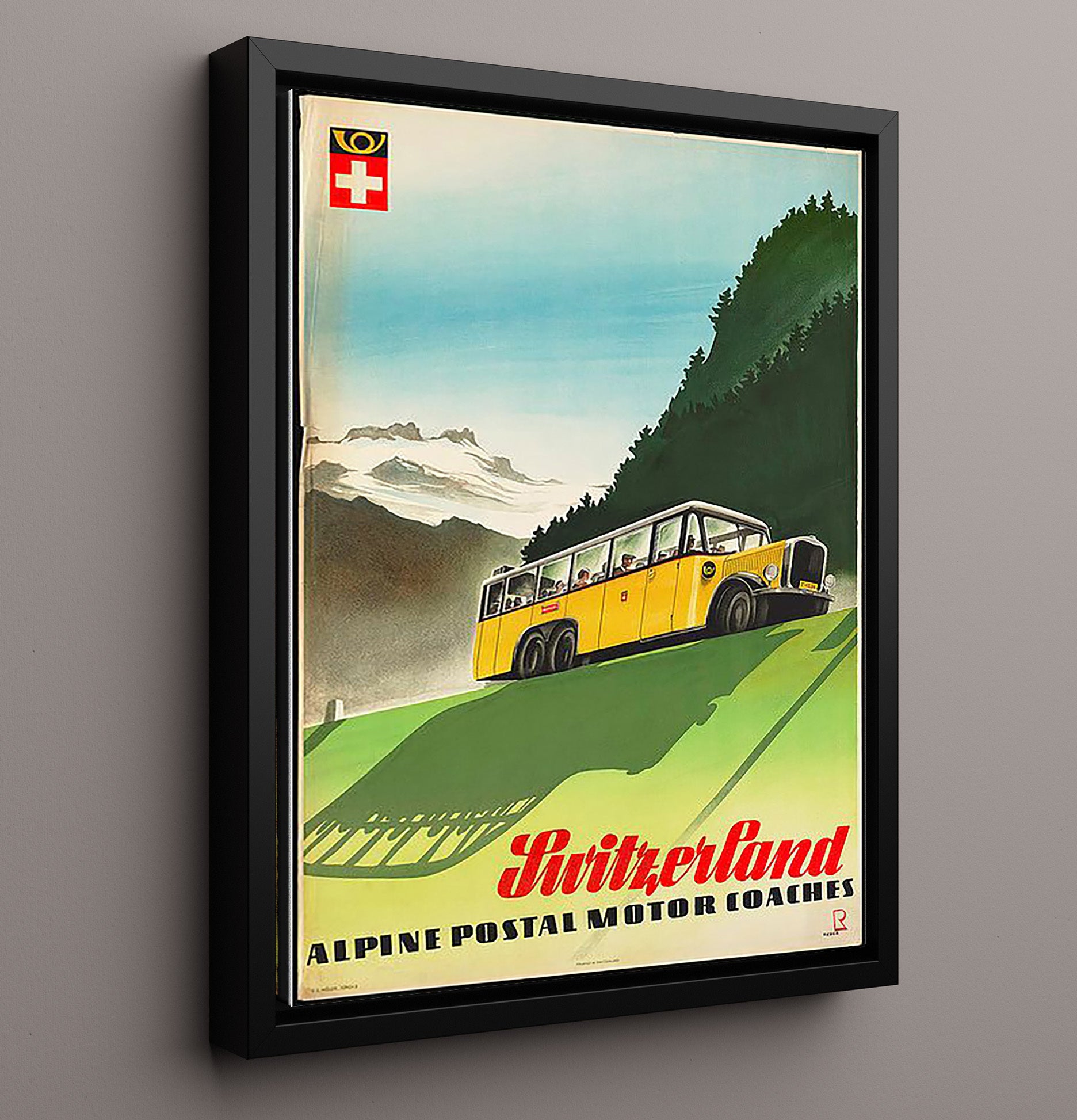 Switzerland Yellow Alpine PostBus Vintage Travel Print 16x20 Framed Canvas travel wall art print