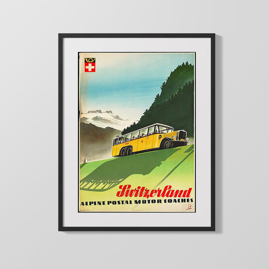 Classic Travel Poster - Switzerland - Yellow Alpine PostBus