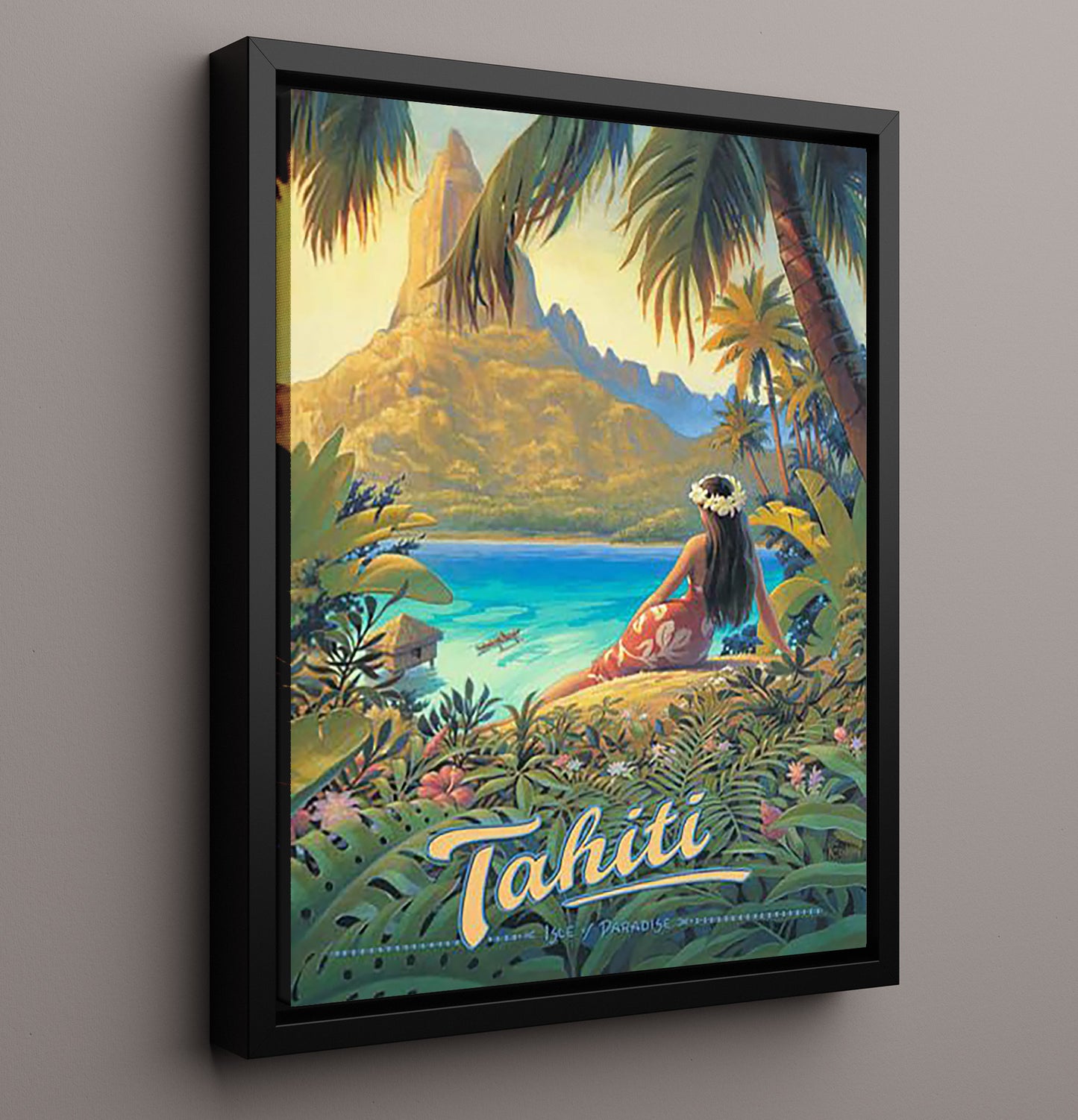 Tahiti Bora Bora and Mount Otemanu Vintage Travel Print 16x20 Framed Canvas travel wall art print