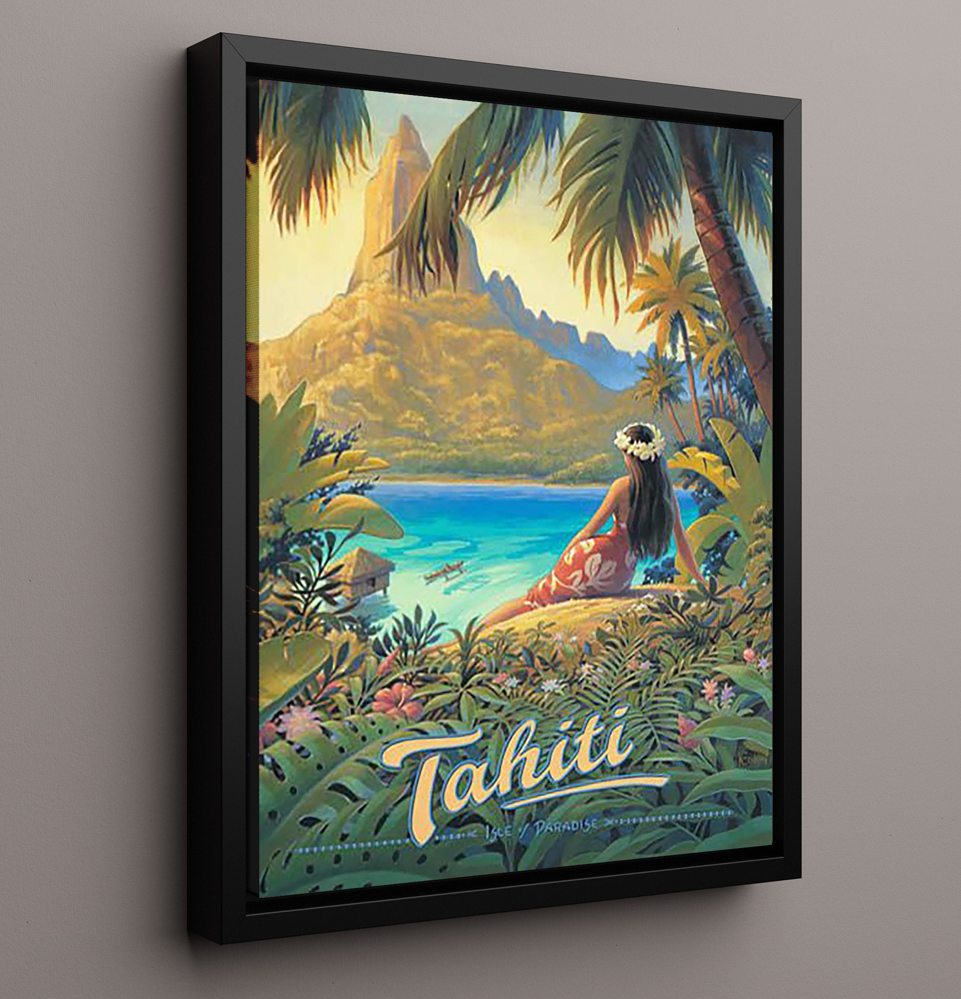 Tahiti Bora Bora and Mount Otemanu Vintage Travel Print 16x20 Framed Canvas travel wall art print