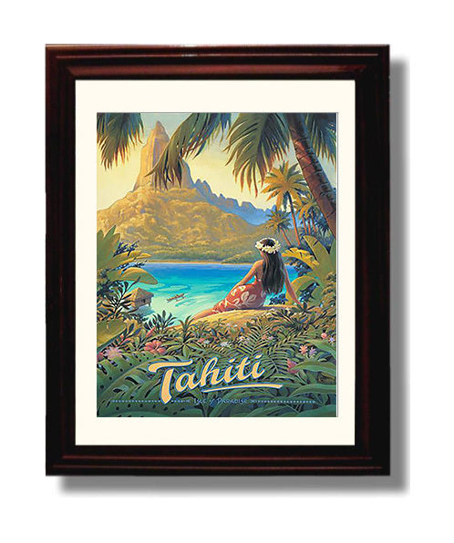 Tahiti Bora Bora and Mount Otemanu Vintage Travel Print 8x10 Beveled Frame travel wall art print