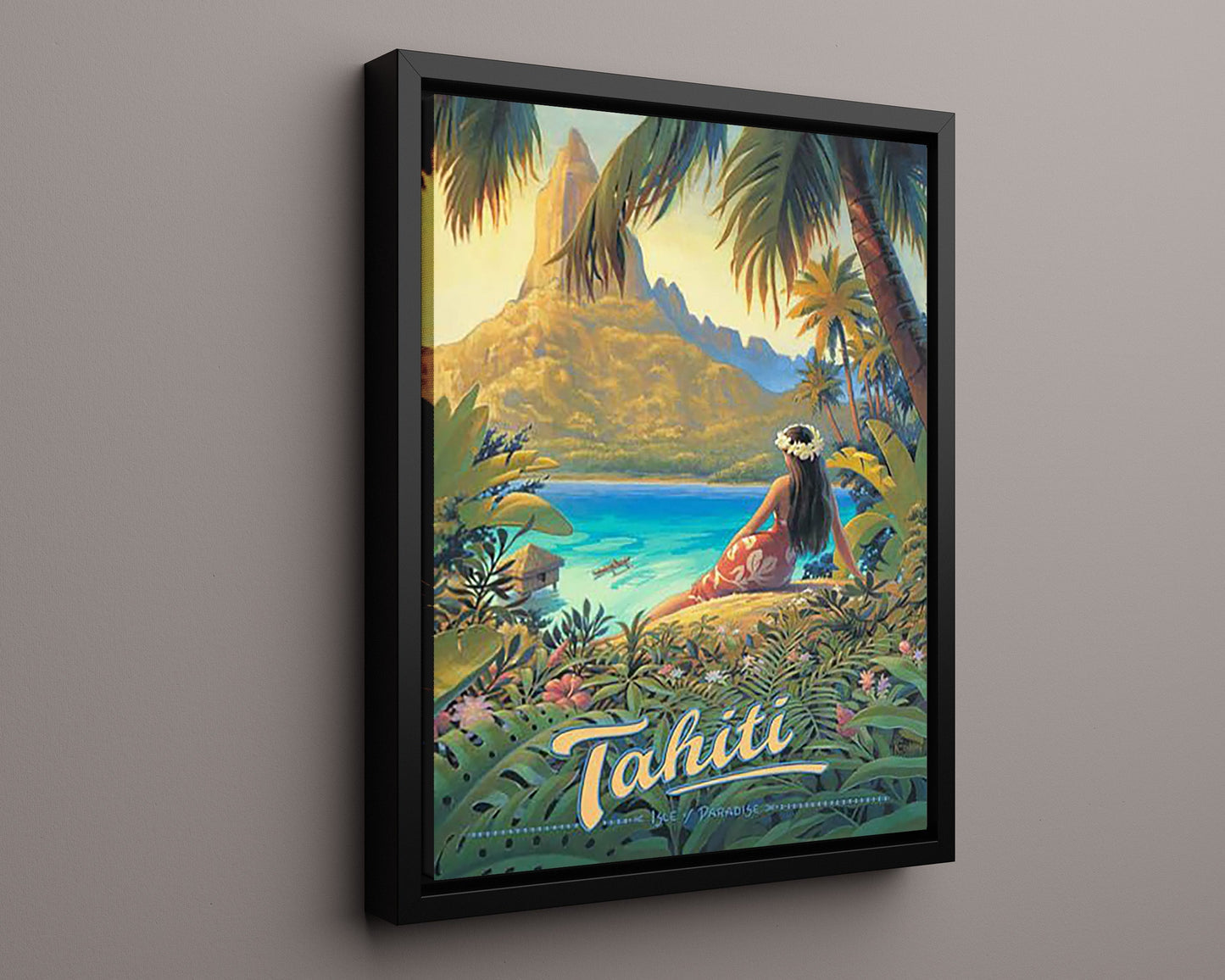 Classic Travel Poster - Tahiti - Bora Bora and Mount Otemanu Travel Vintage Framed Prints Floating Canvas 16x20