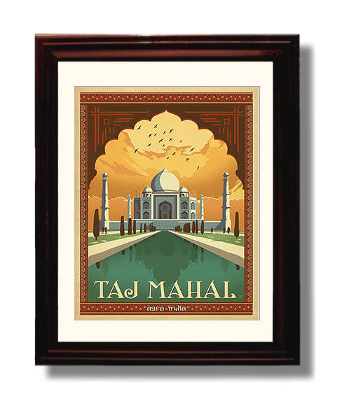 Taj Mahal India Vintage Travel Print 8x10 Beveled Frame travel wall art print