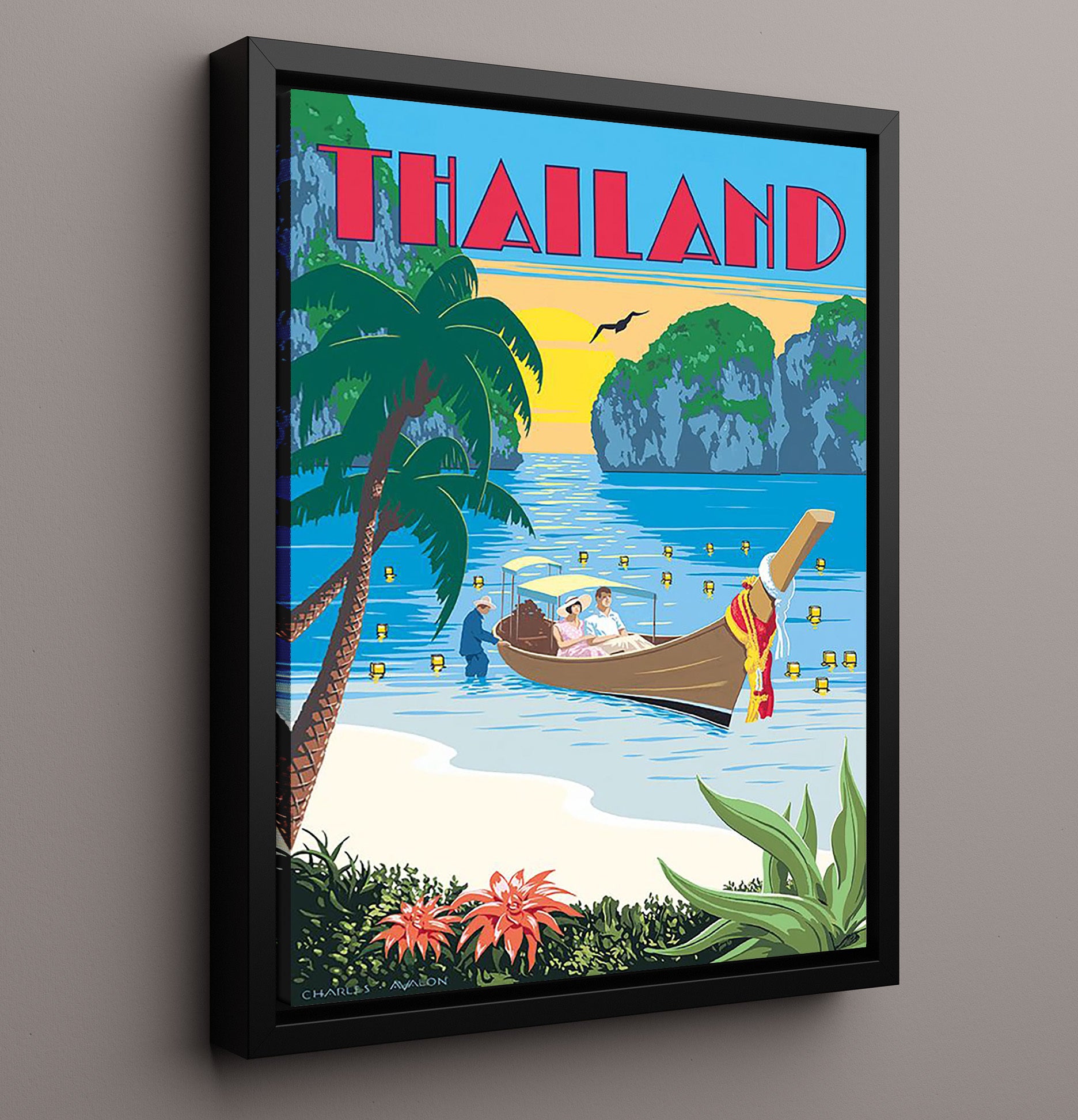 Thailand Beach Sunset Vintage Travel Print 16x20 Framed Canvas travel wall art print