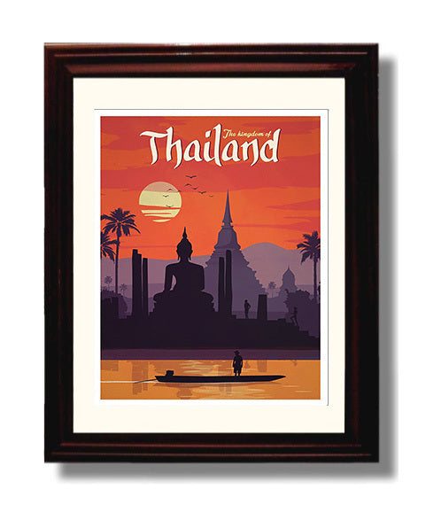 Thailand The Kingdom Vintage Travel Print 8x10 Beveled Frame travel wall art print