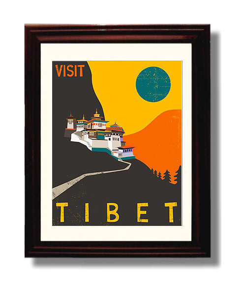 Tibet Monastery and Mountains Vintage Travel Print 8x10 Beveled Frame travel wall art print