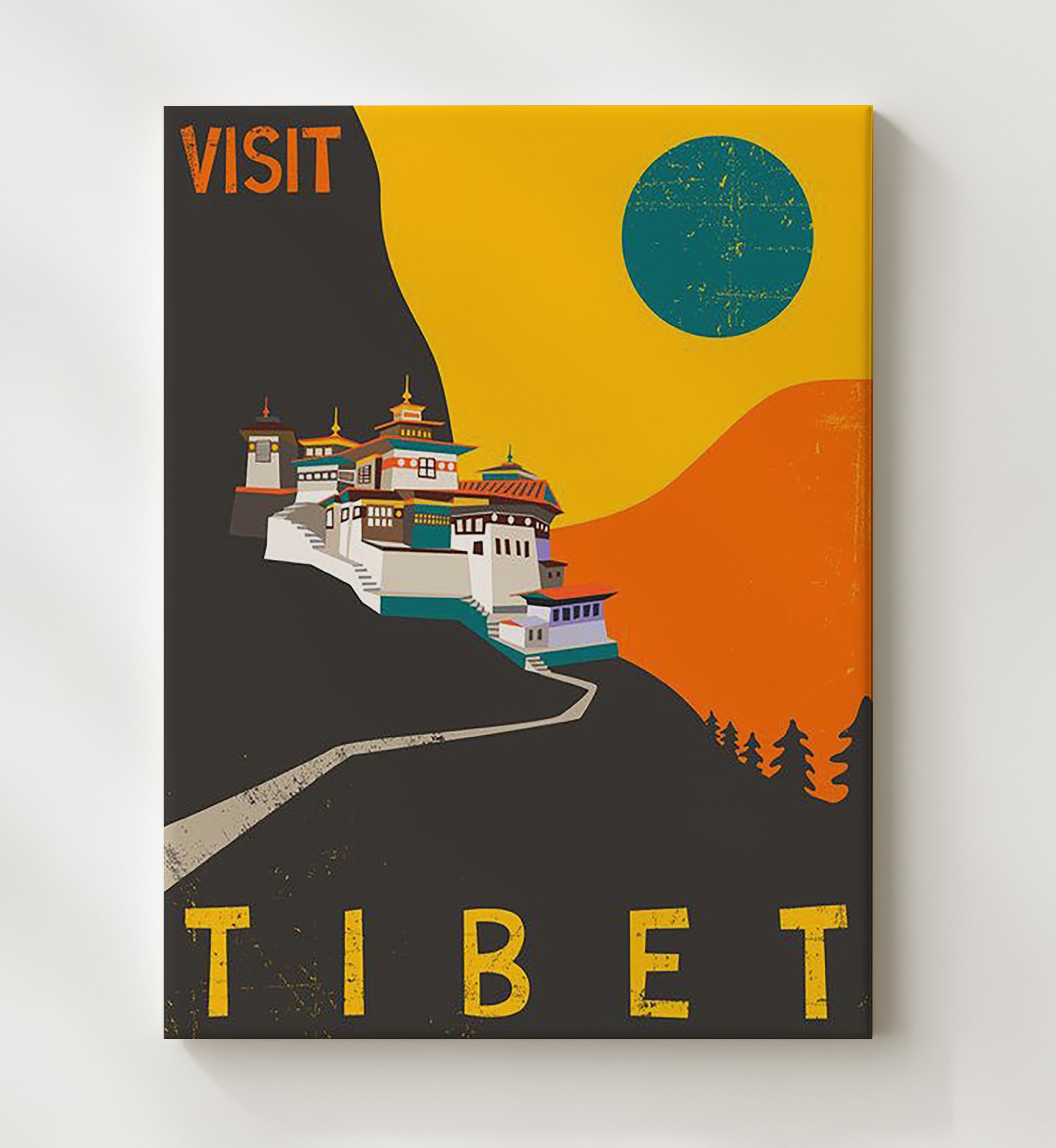 Tibet Monastery and Mountains Vintage Travel Print 20x24 Canvas travel wall art print