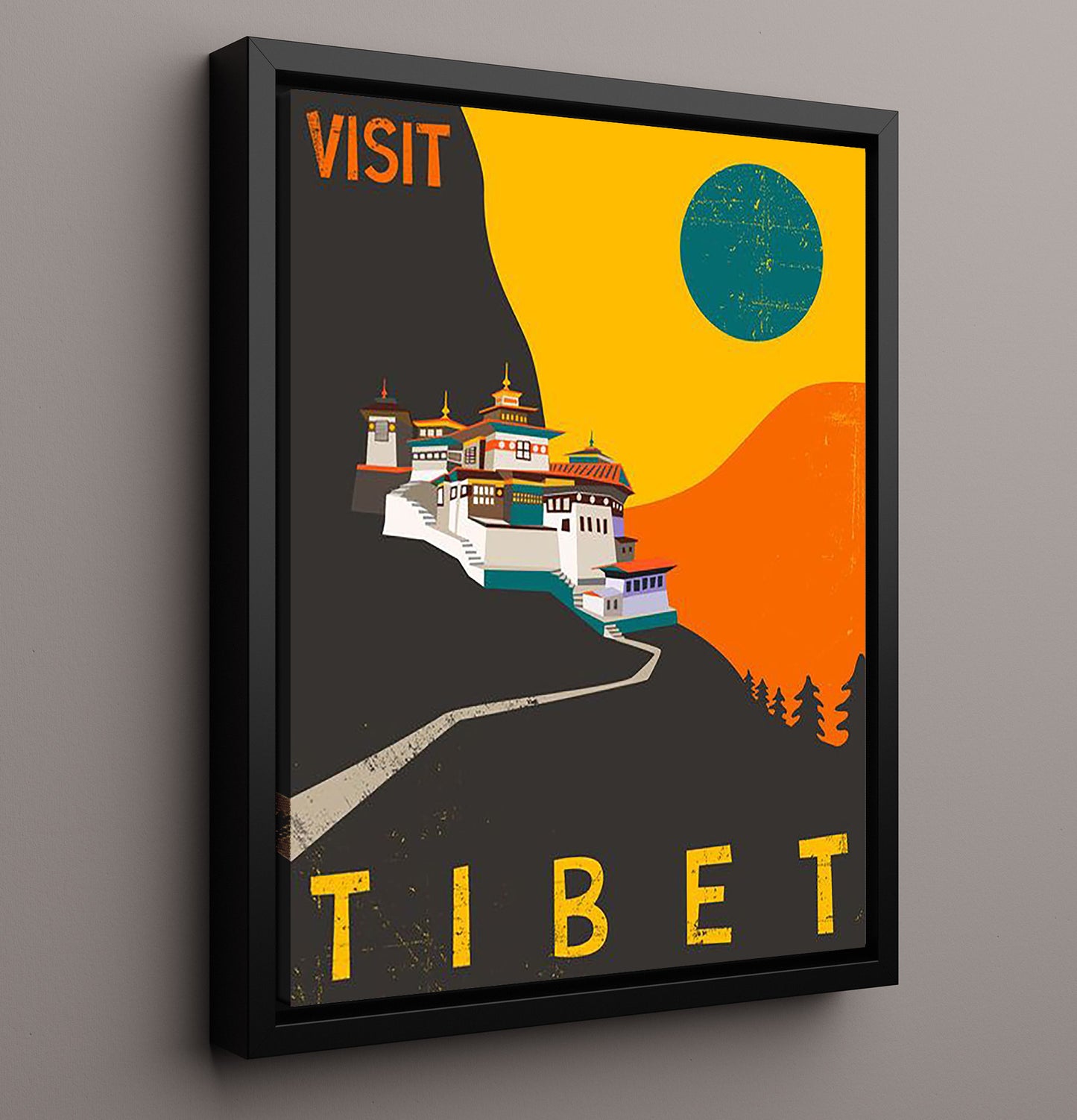 Tibet Monastery and Mountains Vintage Travel Print 16x20 Framed Canvas travel wall art print
