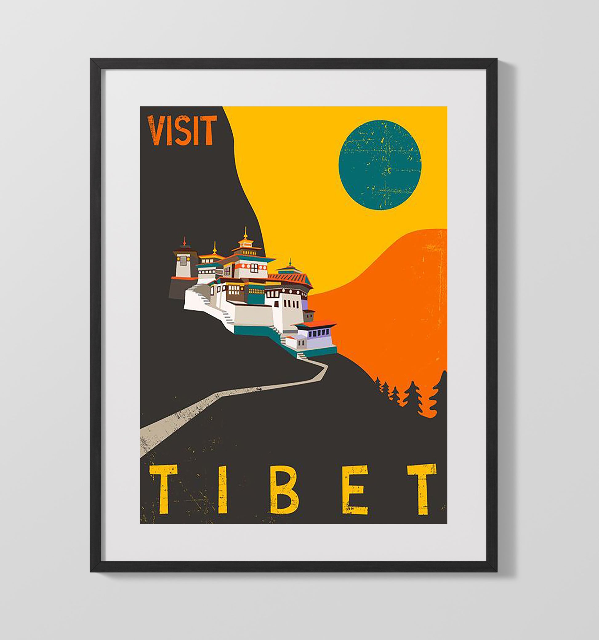 Tibet Monastery and Mountains Vintage Travel Print 16x20 Gallery Frame travel wall art print
