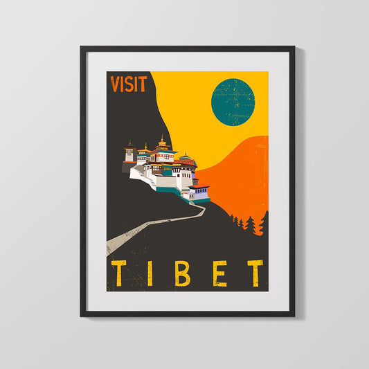 Classic Travel Poster - Tibet - Monastery and Mountains