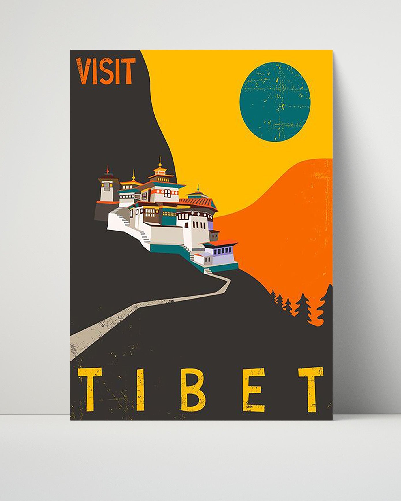 Classic Travel Poster - Tibet - Monastery and Mountains