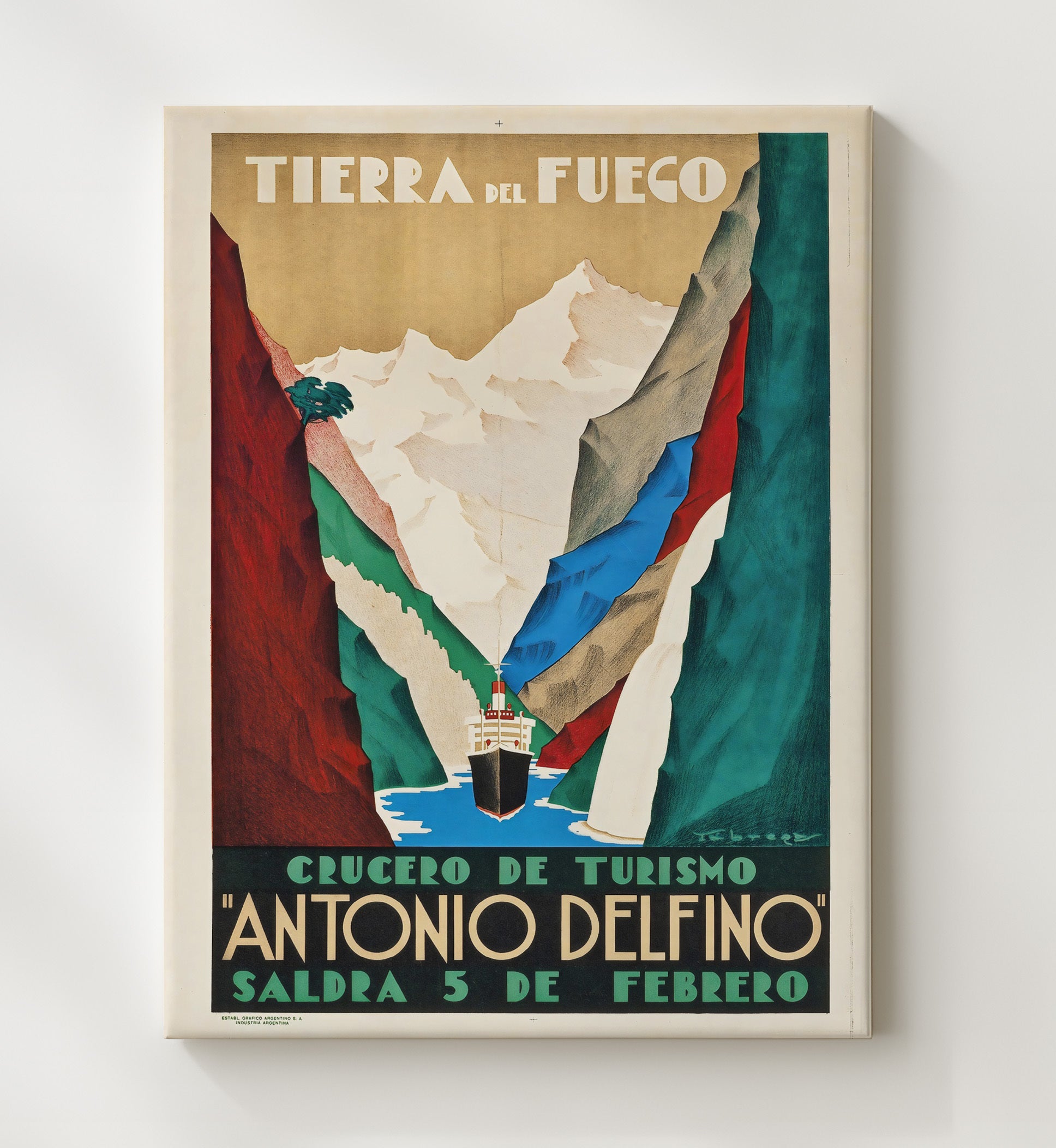 Tierra del Fuego Argentina Vintage Travel Print 20x24 Canvas travel wall art print
