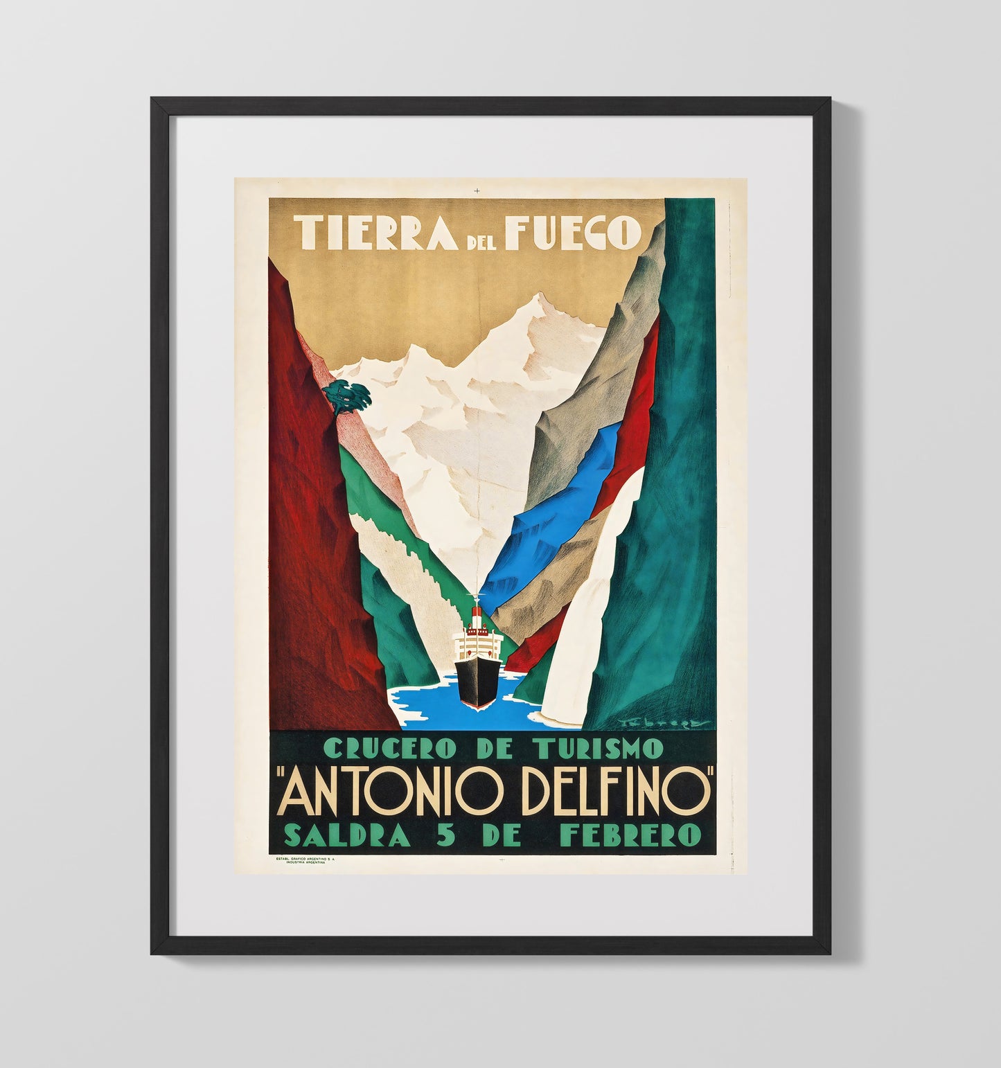 Tierra del Fuego Argentina Vintage Travel Print 16x20 Gallery Frame travel wall art print
